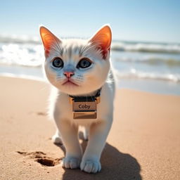 A cute white cat wearing a square collar with a name tag that says 'Coby', walking along a sandy beach