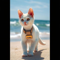 A cute white cat wearing a square collar with a name tag that says 'Coby', walking along a sandy beach