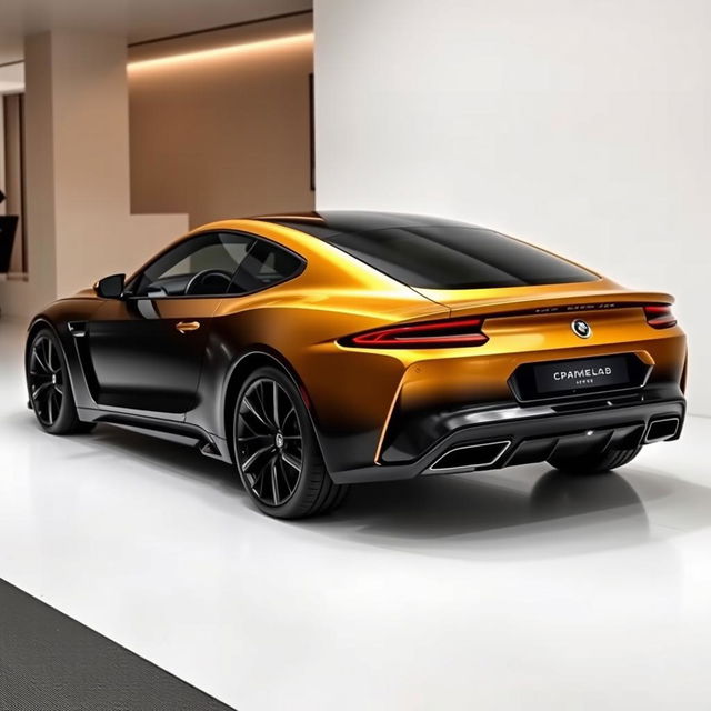 A sleek car with a gradient paint job that starts with black at the front and transitions to gold towards the back