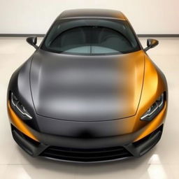 A sleek car with a gradient paint job that starts with black at the front and transitions to gold towards the back