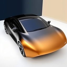 A sleek car with a gradient paint job that starts with black at the front and transitions to gold towards the back