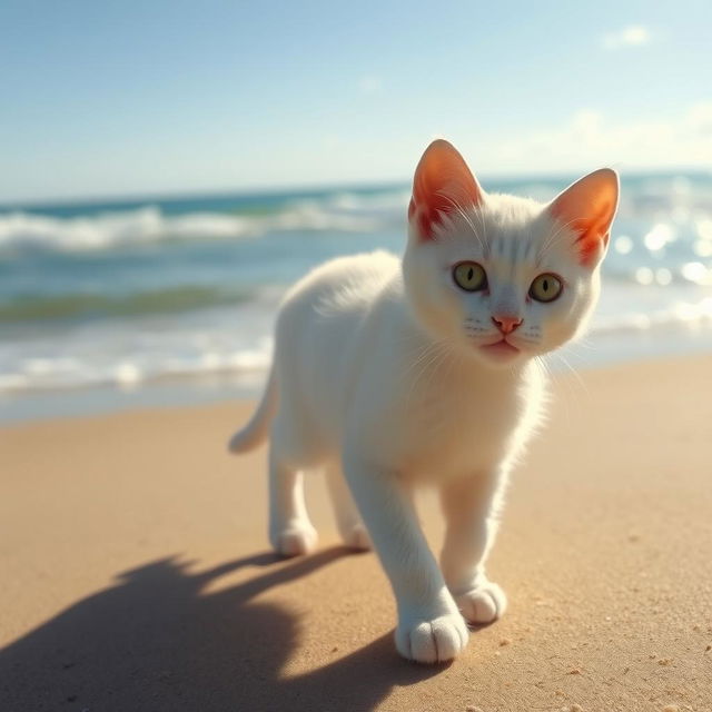 A cute white cat named Coby walking along a sandy beach