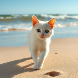 A cute white cat named Coby walking along a sandy beach