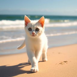 A cute white cat named Coby walking along a sandy beach