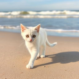 A cute white cat named Coby walking along a sandy beach