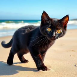 A cute black cat named Coby walking along a sandy beach