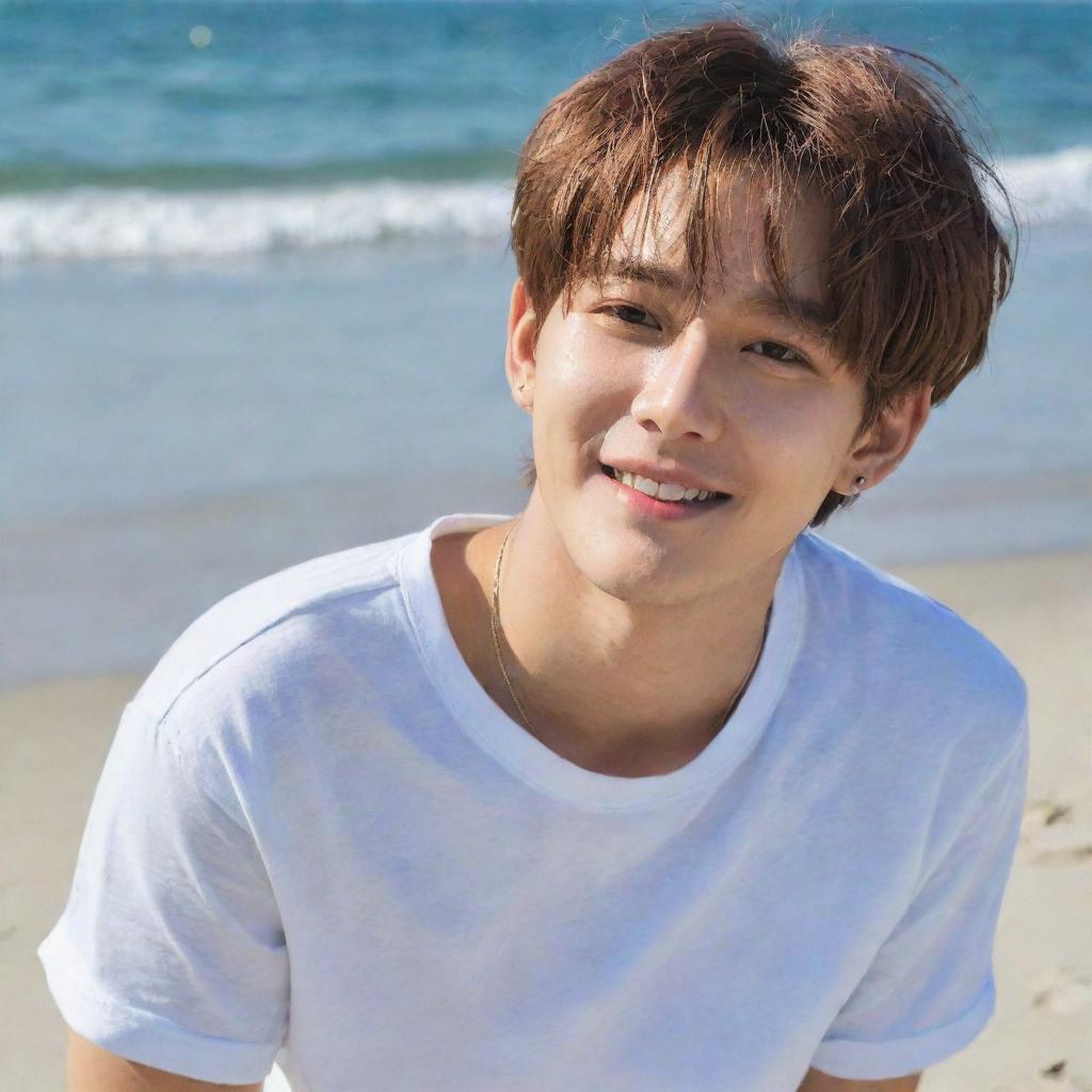 Kim Taehyung, also known as V from BTS, enjoying a sunny day at the beach.