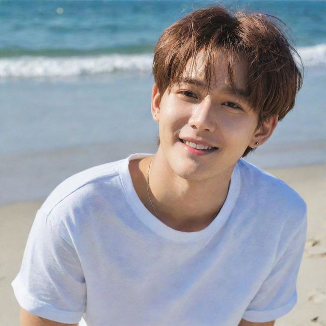 Kim Taehyung, also known as V from BTS, enjoying a sunny day at the beach.