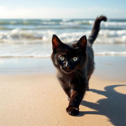 A cute black cat named Coby walking along a sandy beach