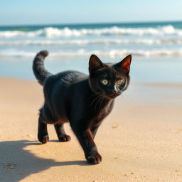 A cute black cat named Coby walking along a sandy beach