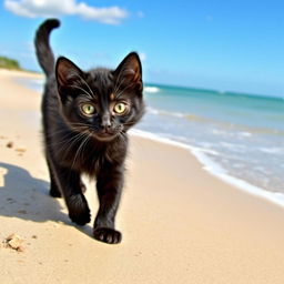 A cute black cat named Coby walking along a sandy beach