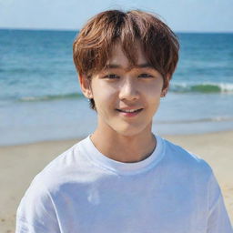 Kim Taehyung, also known as V from BTS, enjoying a sunny day at the beach.