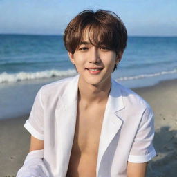 Kim Taehyung, also known as V from BTS, enjoying a sunny day at the beach.