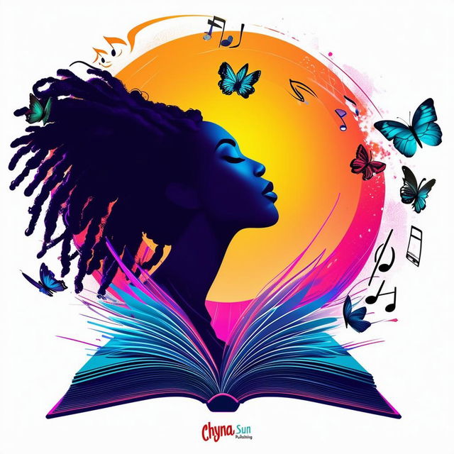 A vibrant logo for a book by Pasquel Jordan-McLeod, published by Chyna Sun Publishing, featuring an open book with a silhouette of a woman with her eyes closed and short dreadlocks, butterflies, and music notes