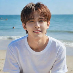 Kim Taehyung, also known as V from BTS, enjoying a sunny day at the beach.