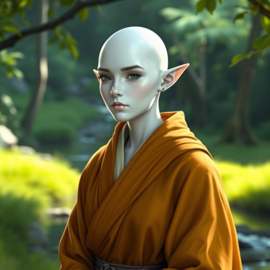 An image of a female elf Monk with white skin and a bald head