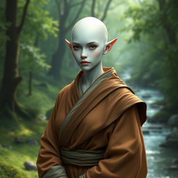 An image of a female elf Monk with white skin and a bald head