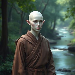 An image of a female elf Monk with white skin and a bald head