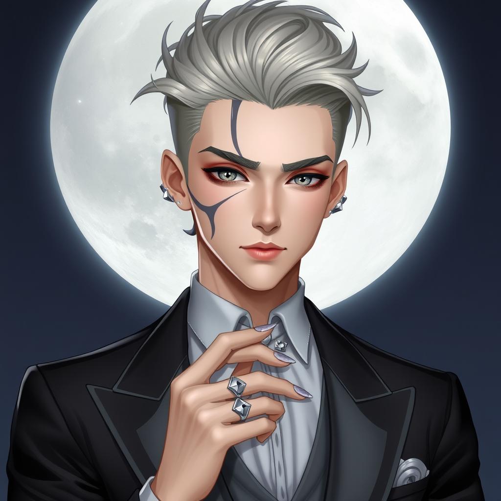 Create a portrait of Kailor, a 19-year-old man with an oval face, high cheekbones, and grey eyes