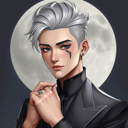 Create a portrait of Kailor, a 19-year-old man with an oval face, high cheekbones, and grey eyes