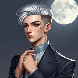 Create a portrait of Kailor, a 19-year-old man with an oval face, high cheekbones, and grey eyes