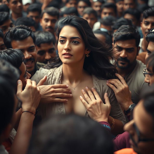 An image of Kriti Sanon in a crowded scene where her chest is being grabbed by a dense male crowd