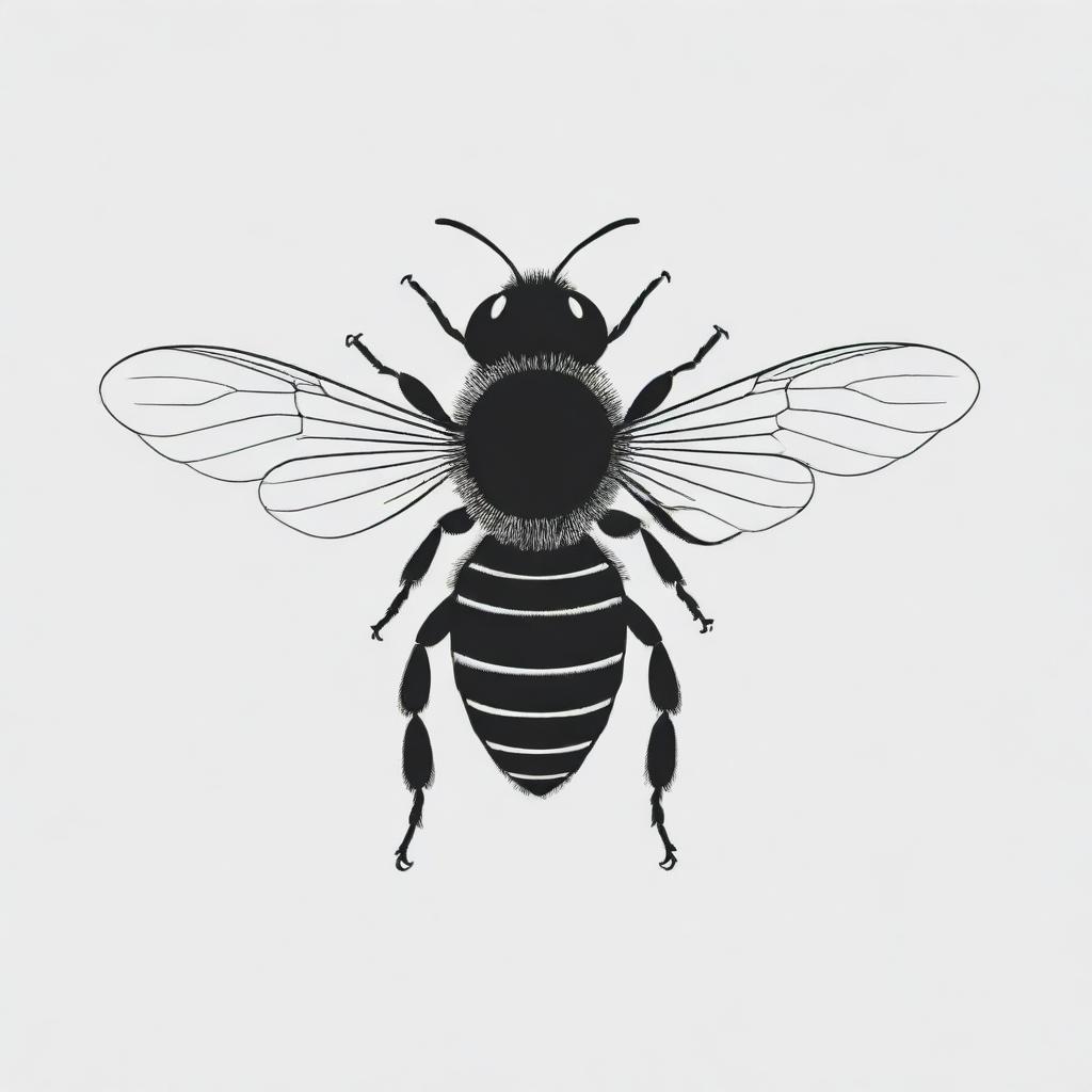 A minimalist, solid black drawing of a bee, including its wings, without any detailed features