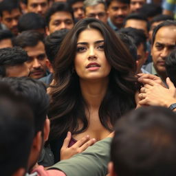 An image of Kriti Sanon in a crowded scene where her chest is being grabbed hard by a dense male crowd