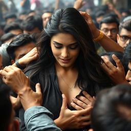 An image of Kriti Sanon in a crowded scene where her chest is being grabbed hard by a dense male crowd