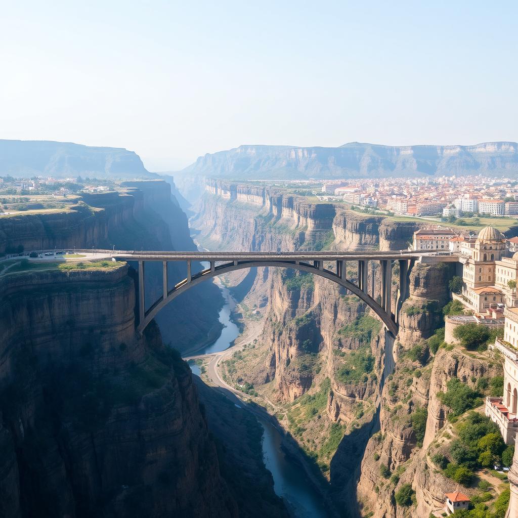 A vast and wide gorge with steep cliffs on either side, spanning across the gorge is a grand bridge