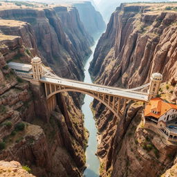 A vast and wide gorge with steep cliffs on either side, spanning across the gorge is a grand bridge