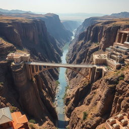 A vast and wide gorge with steep cliffs on either side, spanning across the gorge is a grand bridge