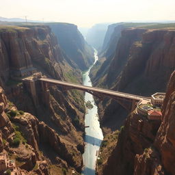 A vast and wide gorge with steep cliffs on either side, spanning across the gorge is a grand bridge