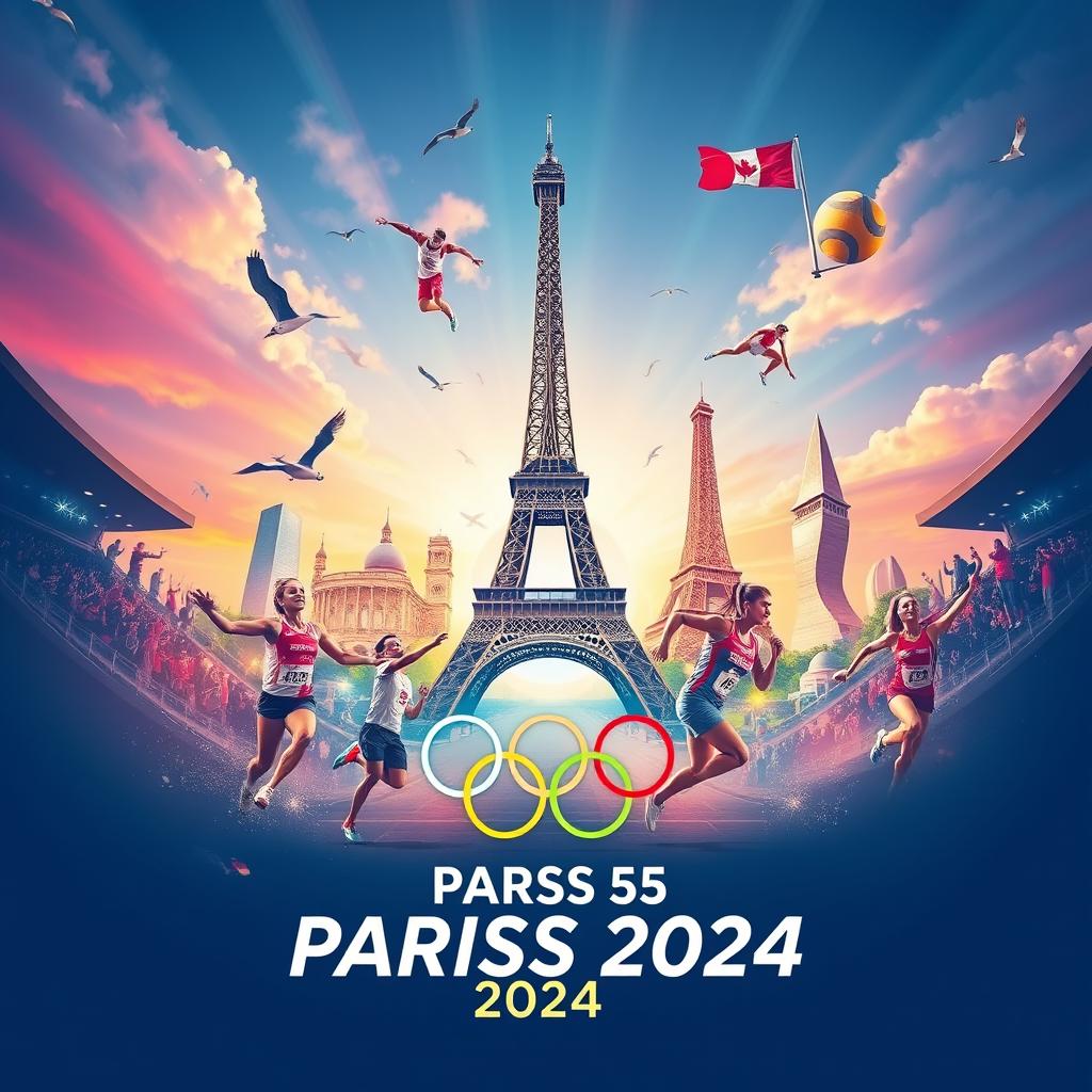 A vibrant and dynamic image capturing the excitement of the Paris Olympics 2024