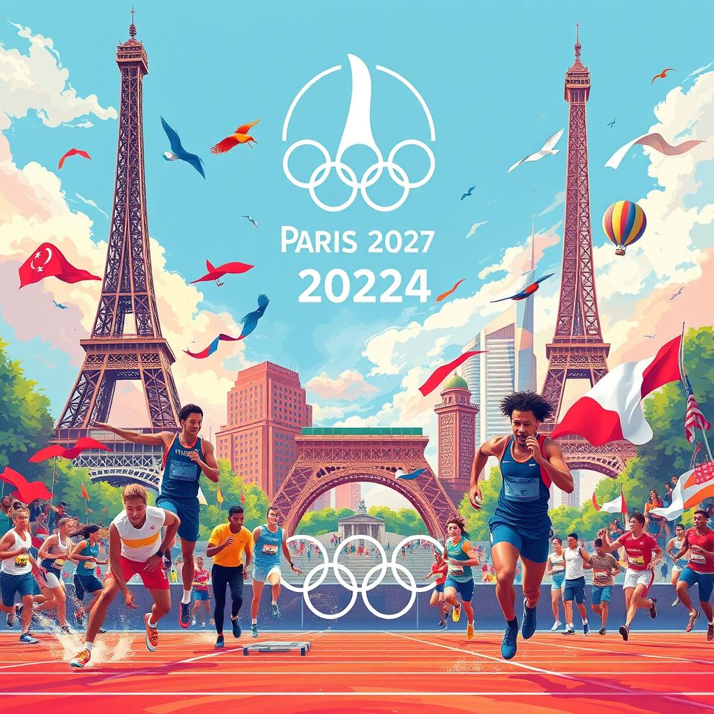 A vibrant and dynamic image capturing the excitement of the Paris Olympics 2024