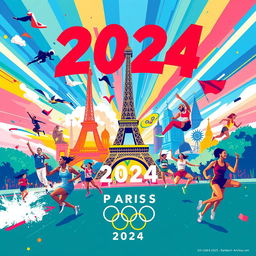 A vibrant and dynamic image capturing the excitement of the Paris Olympics 2024