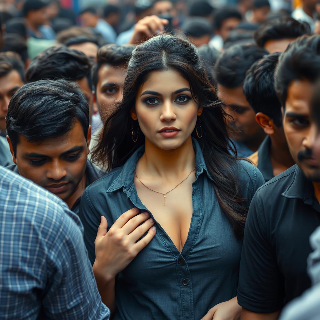 An image of Kriti Sanon in a crowded scene where her chest is being pressed hard by a dense male crowd