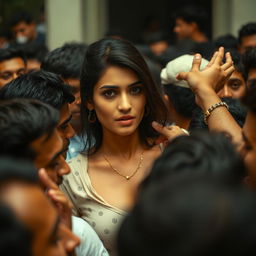 An image of Kriti Sanon in a crowded scene where her chest is being pressed hard by a dense male crowd