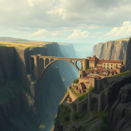 A vast and wide gorge with steep cliffs on either side, spanning across the gorge is a grand bridge
