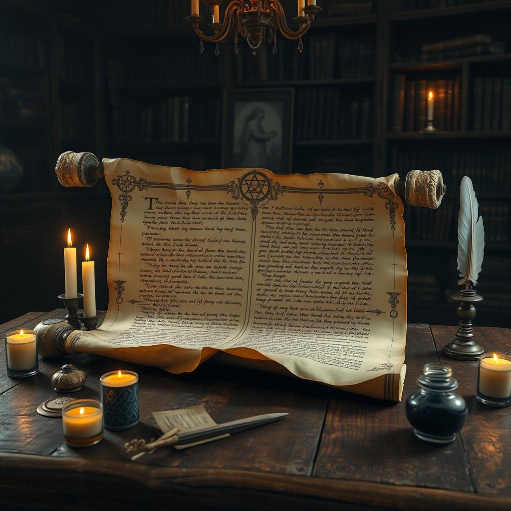 An ancient scroll unfurled on a wooden table