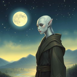 An image of a female elf Monk with white skin and a bald head