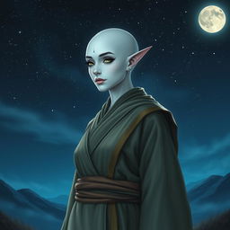 An image of a female elf Monk with white skin and a bald head