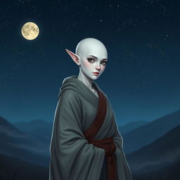 An image of a female elf Monk with white skin and a bald head