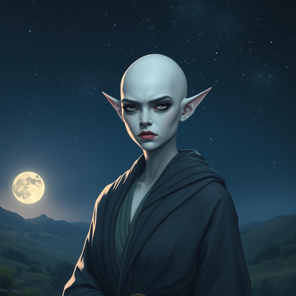 An image of a serious female elf with white skin and a bald head