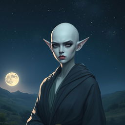 An image of a serious female elf with white skin and a bald head