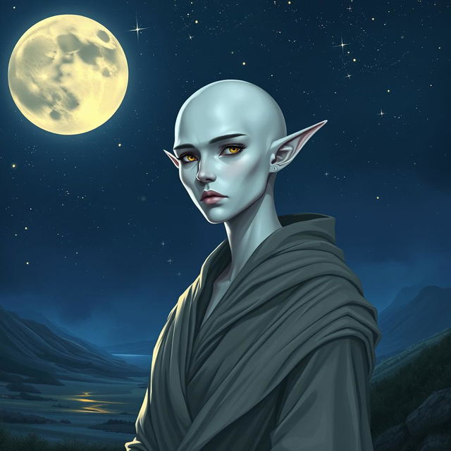 An image of a serious female elf with white skin and a bald head