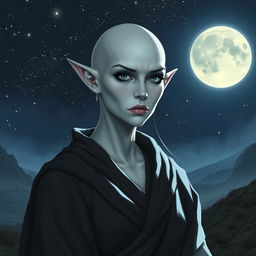 An image of a serious female elf with white skin and a bald head