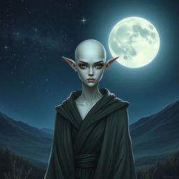 An image of a serious female elf with white skin and a bald head