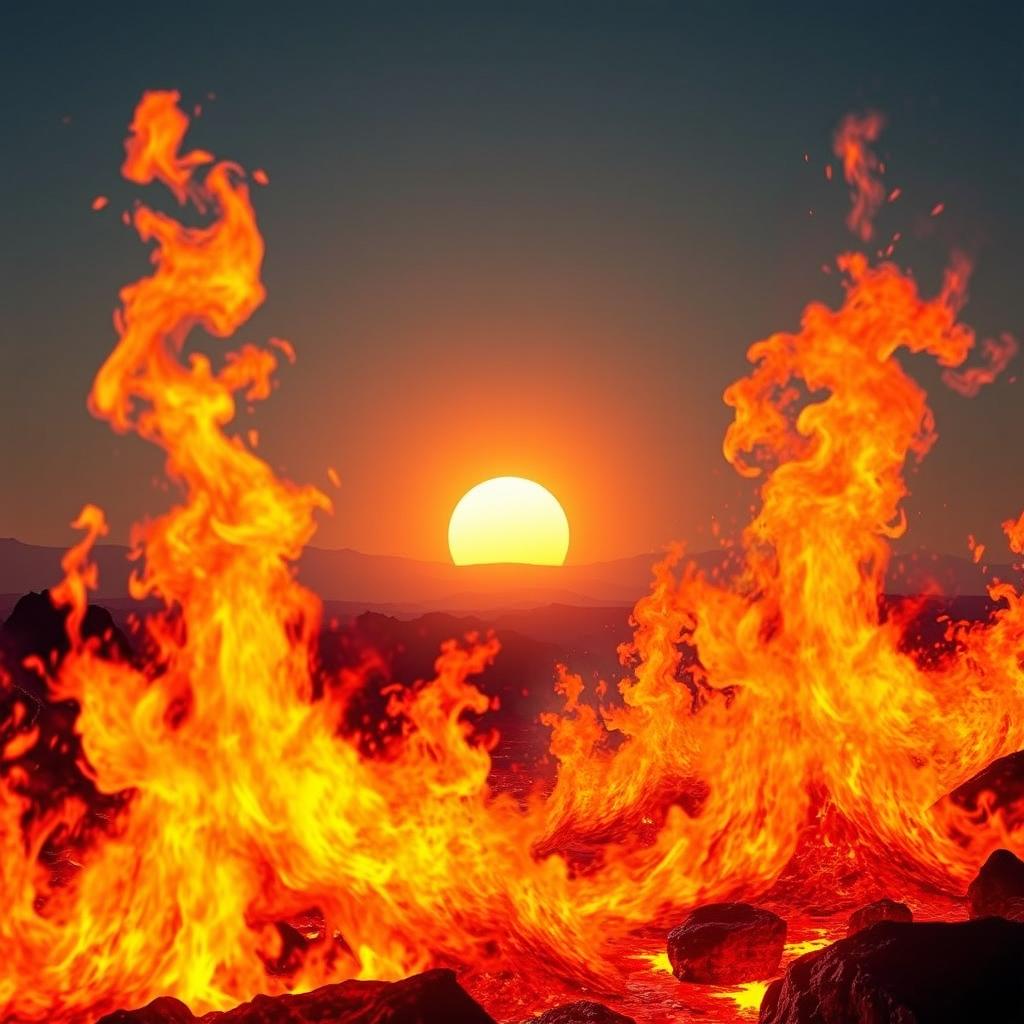 A visually striking image depicting intense heat, with vibrant flames, molten lava, and a scorching sun in the background