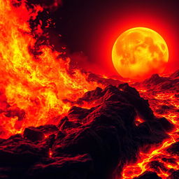 A visually striking image depicting intense heat, with vibrant flames, molten lava, and a scorching sun in the background